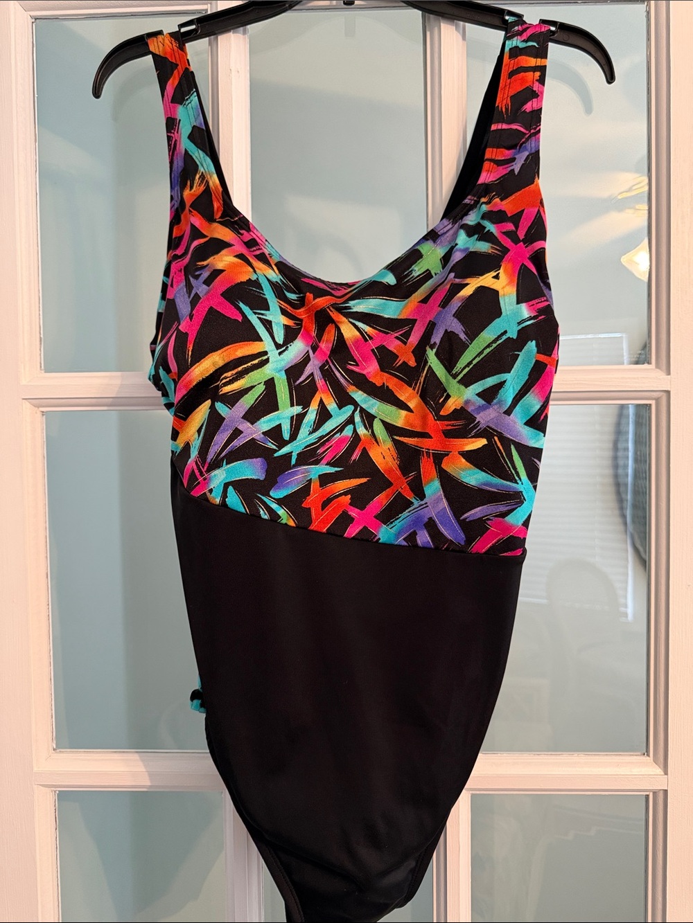 Womens Black One-Piece Swimsuit with Multicolor Abstract Print, Sz. 16